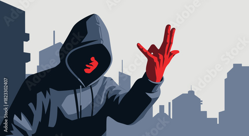 A hooded figure in a city, displaying a hand gesture with a red glove.