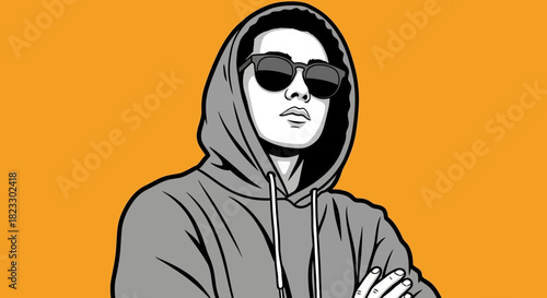 A stylized illustration of a person wearing sunglasses and a hooded sweatshirt, arms crossed.