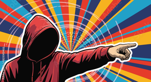 A hooded figure with an obscured face points towards the viewer against a vibrant, radial background.