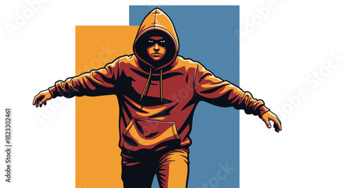 A person in a hooded sweatshirt stands with arms outstretched against a background of orange and blue rectangles.