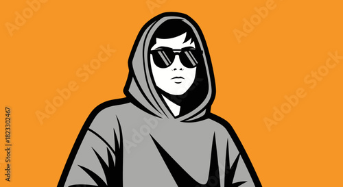 Illustration of a person wearing sunglasses and a hoodie, set against an orange backdrop.