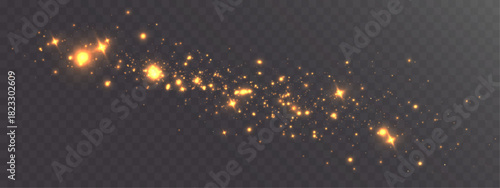 Golden sparkling particle trail moving diagonally, glowing light dust, stars and bokeh on transparent background, creating a magical fast dynamic shimmer effect.
