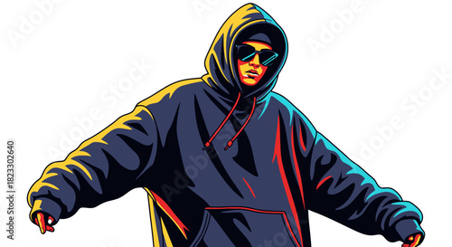 A stylized illustration of a person wearing a hoodie and sunglasses, arms outstretched.