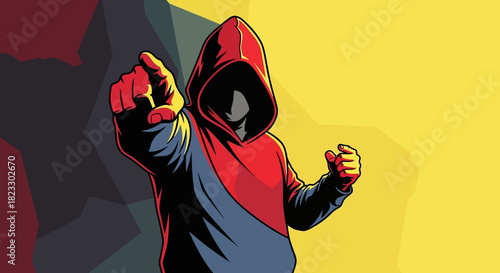 A hooded figure in a red and blue hoodie points directly forward, with a dark background.