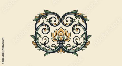 Ornate floral design featuring a lotus flower surrounded by swirling leaves and tendrils on a cream background.