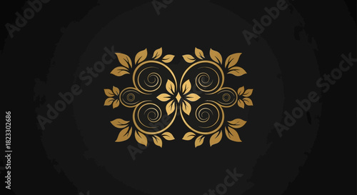 Golden ornamental design featuring symmetrical swirls and leaves against a dark background, creating an elegant and decorative pattern.
