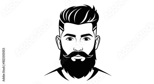 A stylized black and white illustration of a man with a full beard and mustache.
