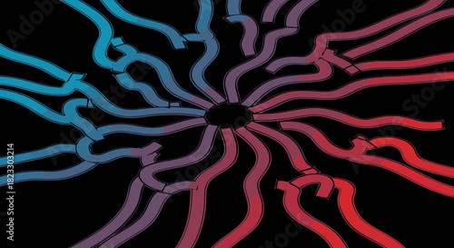 Vibrant abstract visualization of a central point radiating a complex network of branching, gradient-colored lines, symbolizing interconnected systems and information flow.