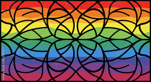 A vibrant rainbow gradient background features an elegant, symmetrical black line art pattern, evoking a modern stained glass aesthetic celebrating diversity and pride.