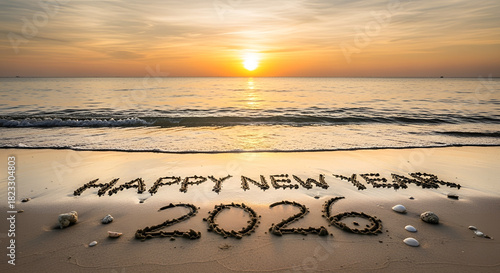 Welcoming the year 2026 with a message of Happy New Year written on the wet sand of a tropical beach during a golden sunrise