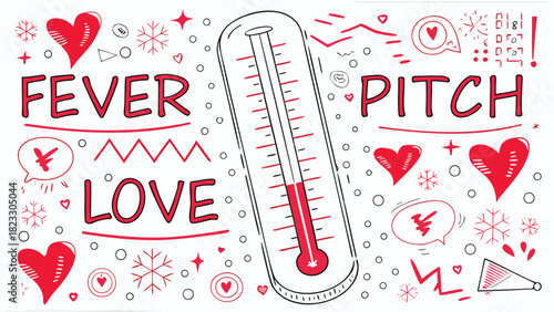 Fever pitch love concept with thermometer and hearts illustration in red and white hand drawn style