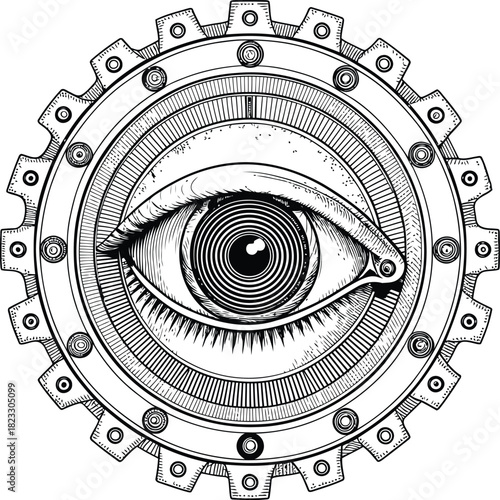 Detailed line art of an eye inside a gear with rivets and concentric circles on a white background