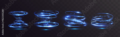 Light blue glowing vortex spirals with sparkling particles and dynamic motion, forming futuristic swirling energy rings on a dark transparent background, perfect for sci-fi, speed, and tech design.
