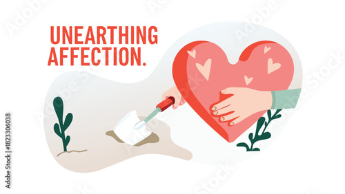 A hand holding a large red heart with smaller hearts inside while another hand uses a shovel to dig in the soil symbolizing the nurturing of affection and love