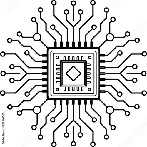 Illustration of a central processing unit with connecting lines and circles in black and white design