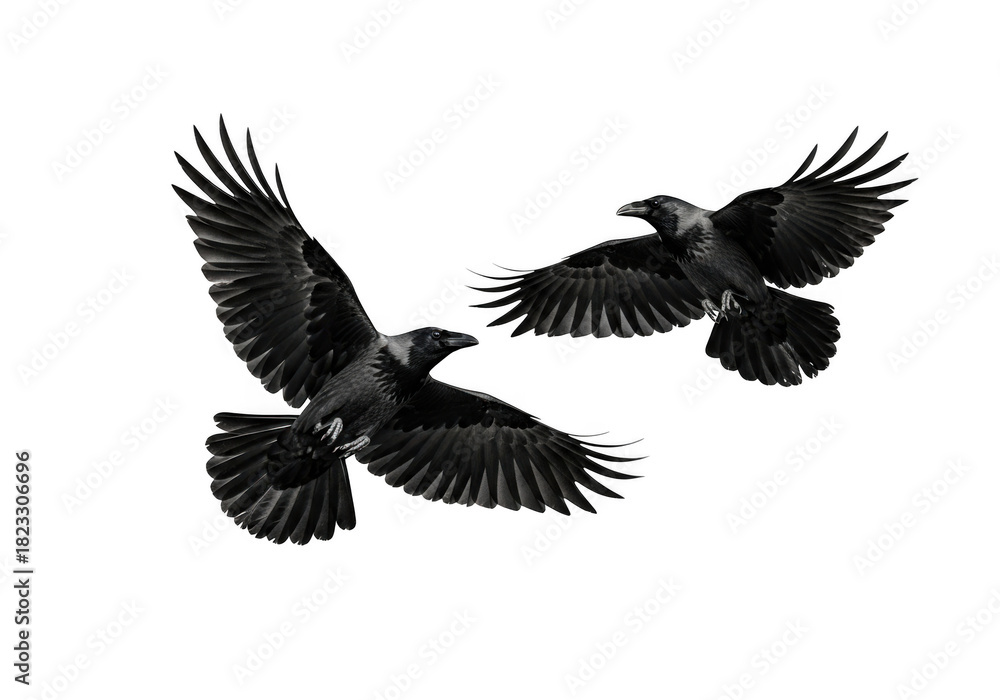 Obraz premium Two ravens flying, birds in flight, dark feathered creatures, wildlife, nature photography, raven silhouette, vector illustration, png image isolated on transparent background