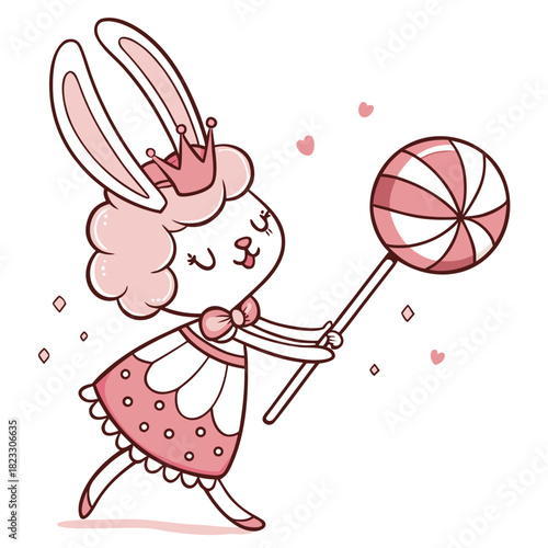 A charming princess bunny enjoys a sweet lollipop with hearts around her
