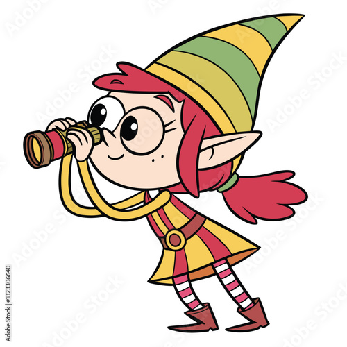 A cheerful elf girl with red hair peering through binoculars happily