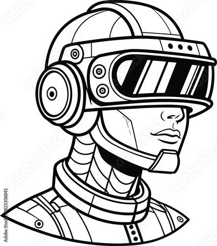 Outlined futuristic robot head with helmet and visor in black and white illustration style format