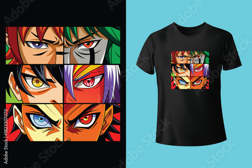 Japanese manga t-shirt design with eyes and slogan. Tee shirt print with inscription in Japanese with the translation: brave and strong. Anime style apparel and t shirt graphics. Vector illustration.
