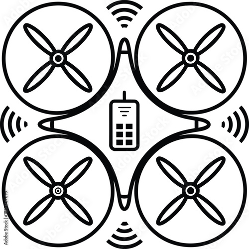 A black and white drone illustration with four propellers and a remote control in the center