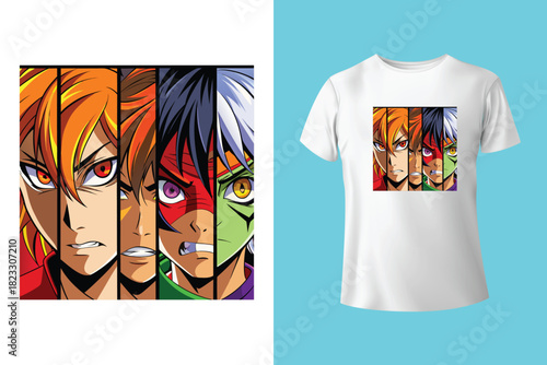 Japanese manga t-shirt design with eyes and slogan. Tee shirt print with inscription in Japanese with the translation: brave and strong. Anime style apparel and t shirt graphics. Vector illustration.

