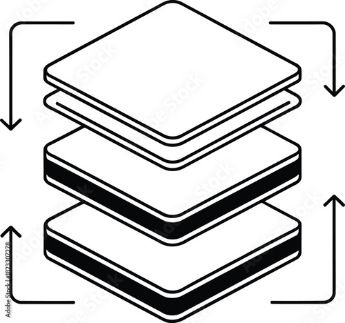 Three layered square shapes with rounded corners and arrows indicating movement in a circular fashion