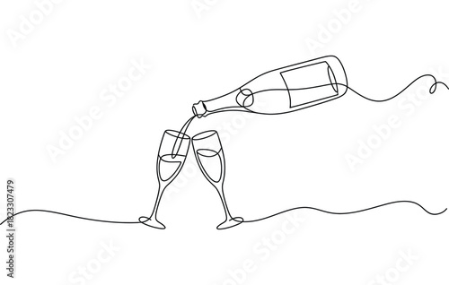 Continuous line drawing of champagne bottle pouring into two glasses design art