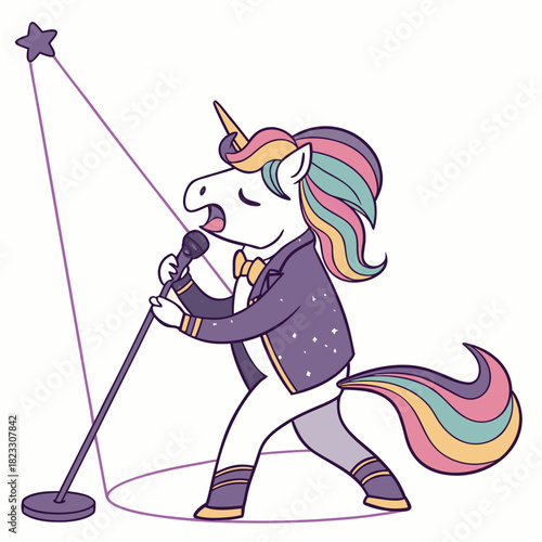 A charming unicorn enthusiastically sings into a microphone on stage