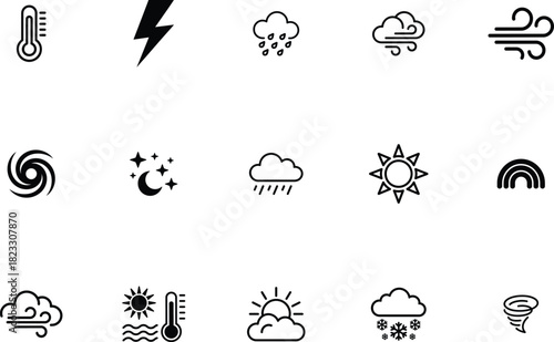 Weather Condition Icons Temperature, Lightning, Rain, Wind, Hurricane, Stars, Sun, Rainbow, Snow and Tornado