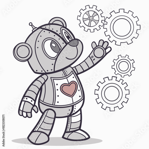 A charming robotic teddy bear interacting with mechanical gears and components