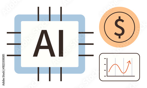 AI in a microchip, dollar sign, and growth chart. Ideal for technology, finance, innovation, investment, data analysis automation and digital transformation. Simple flat metaphor
