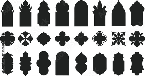 Black silhouette ornament set, decorative vector shapes, architectural motifs, floral elements, abstract panels, window design, traditional style, symmetrical icons