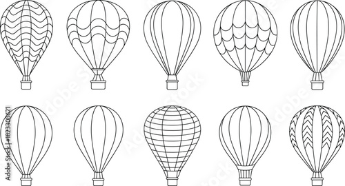 Black and white hot air balloon set, decorative vector icons, patterned envelope designs, travel clipart, retro style, whimsical illustration