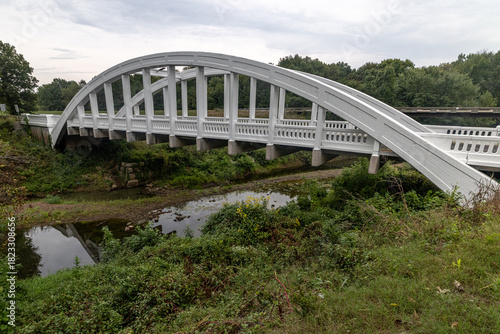 A scenic view of the historic Rainbow Curve Bridge (Brush Creek Bridge) near Galena, Kansas. This white concrete Marsh Arch bridge, built in 1923, is the last of its kind remaining on Route 66.