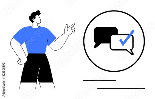 Standing person pointing at speech bubbles, one marked with a checkmark. Ideal for communication, feedback, teamwork, messaging, approval, collaboration decision-making. Simple flat metaphor