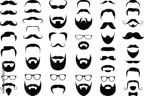 Facial hair and eyeglasses silhouette set, beard and mustache styles, vector icons, male grooming design, fashion clipart, character illustration