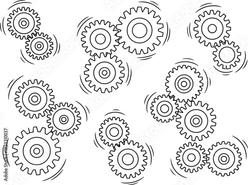 Interlocking gear vector set, mechanical rotation icons, engineering motion illustration, torque transfer concept, industrial design elements, physics diagram clipart