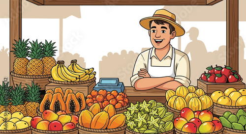 Fruits market vendor standing behind counter with fresh produce sale