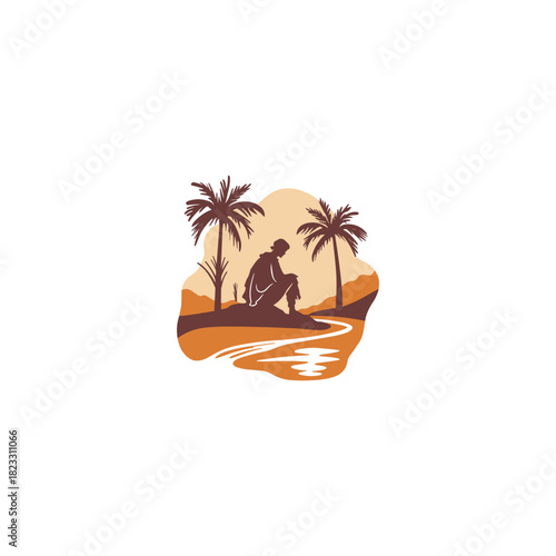 illustration depicting a robed, solitary figure sitting pensively beside a body of water, flanked by two palm trees on a small dune