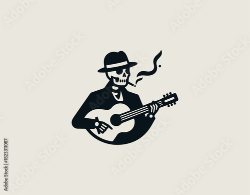 Stylized black vector graphic of a cool skeleton character wearing a fedora hat and suit while casually playing a small acoustic guitar and smoking a cigar. Jazz music retro concept