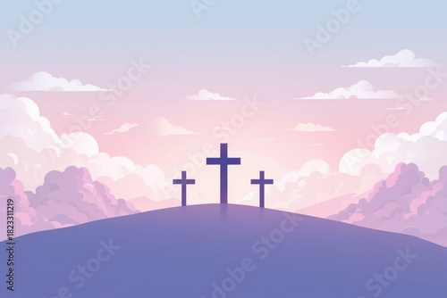 Three crosses on a hill at sunrise with soft clouds and mountains