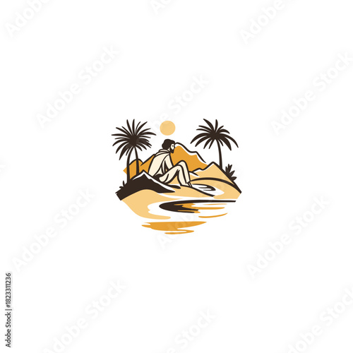 illustration depicting a robed, solitary figure sitting pensively beside a body of water, flanked by two palm trees on a small dune