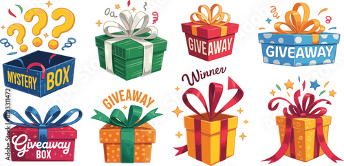 Colorful giveaway gift box set, mystery prize packaging, festive vector illustration, ribbon wrapped presents, contest reward icons, celebration design