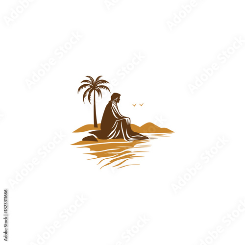 illustration depicting a robed, solitary figure sitting pensively beside a body of water, flanked by two palm trees on a small dune