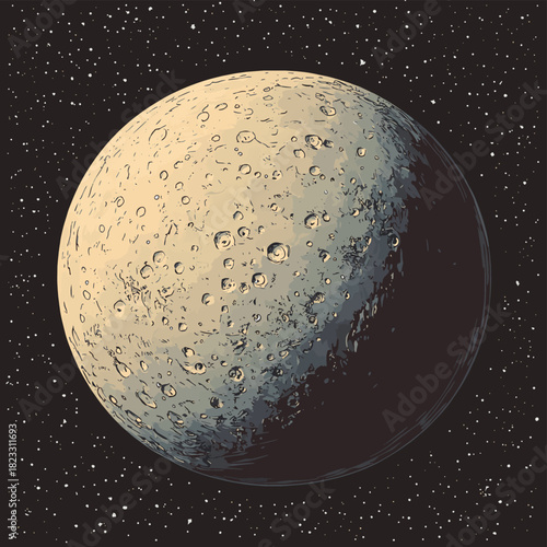 Ceres as a dwarf planet with bright white spots, dusty brown-gray surface, and asteroid belt backdrop  , vector style simple color