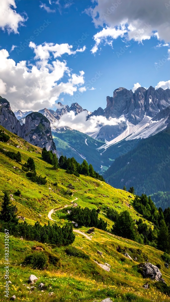 Fototapeta premium Lush, verdant mountain slopes leading towards snow-capped peaks