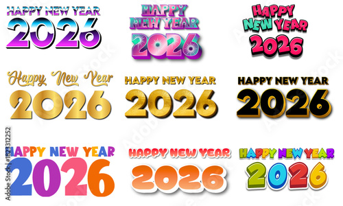 Fotografie Vector illustration of colorful lettering elements of Happy New Year 2026 on transparent background