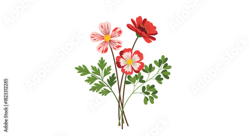 A delightful vector illustration of a small bouquet with red and pink flowers, green leaves, and delicate stems, isolated on white.