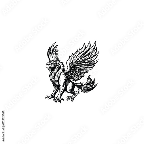 vintage engraving or woodcut illustration depicting a majestic griffin in a dynamic attack stance, roaring with large, spread wings